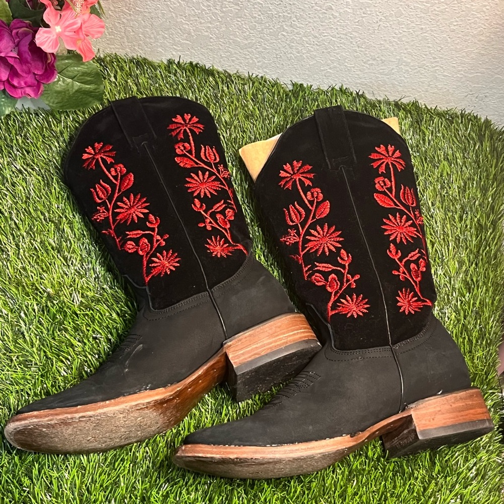 Frye Black Suede Cowboy Boots with Red Floral Embroidery